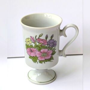 Pretty Porcelain Floral Footed Coffee Mug Pink Purple Flowers Cottagecore